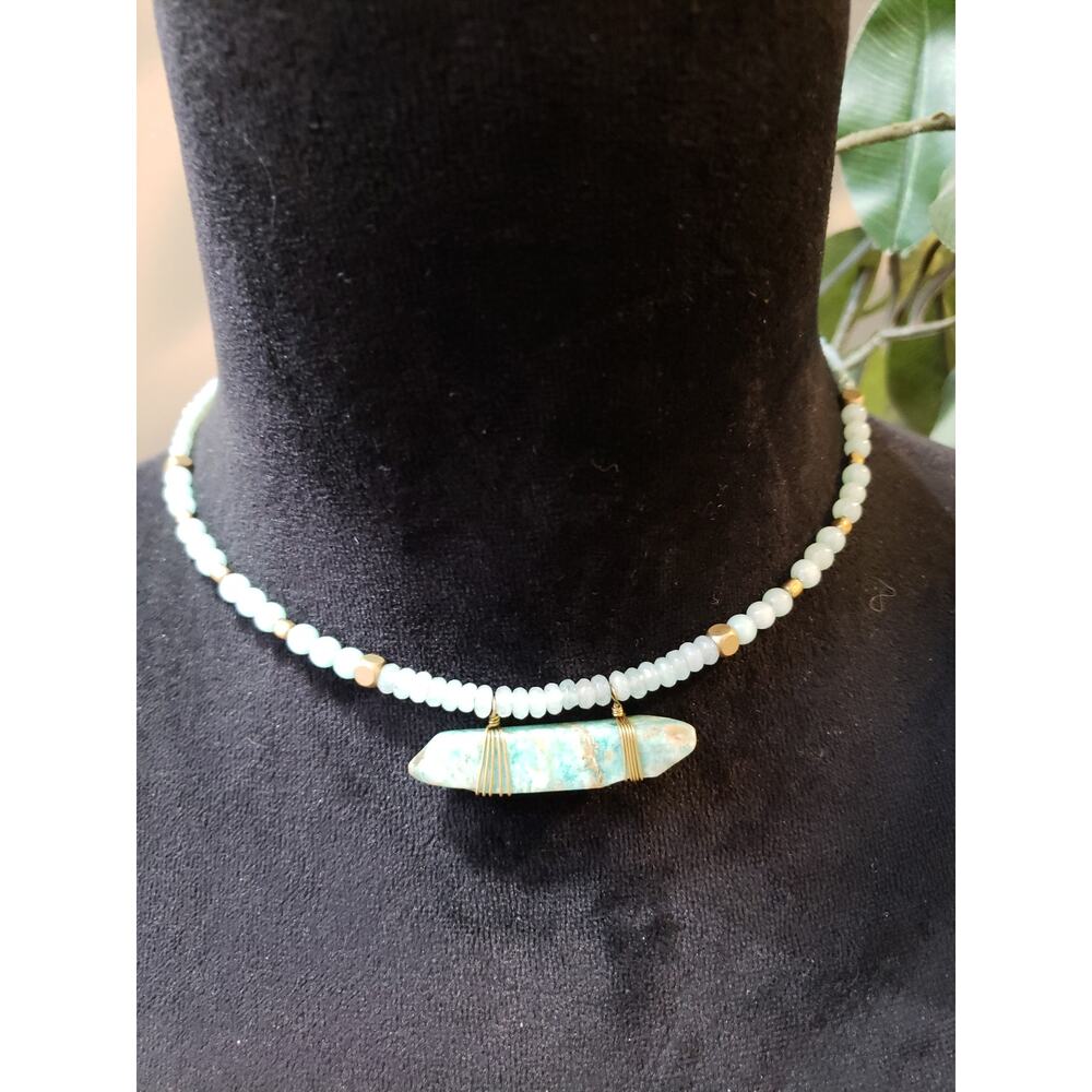 Beaded Choker Necklace Gold Wire Wrapped Natural Turquoise Blue Stone Boho